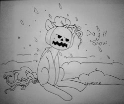 Size: 1080x906 | Tagged: safe, artist:lowname, pinkie pie, earth pony, pony, g4, female, grayscale, inktober, inktober 2019, lineart, mare, mask, monochrome, pumpkin, pumpkin head, signature, sitting, snow, solo, traditional art
