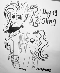 Size: 1080x1318 | Tagged: safe, artist:lowname, luster dawn, pony, unicorn, g4, clothes, female, frown, grayscale, inktober, inktober 2019, lineart, mare, monochrome, scarf, signature, solo, traditional art
