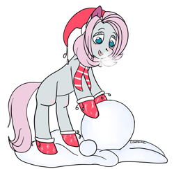 Size: 1313x1279 | Tagged: safe, artist:lowname, oc, oc only, earth pony, pony, blushing, christmas, clothes, commission, earth pony oc, gloves, hat, holiday, santa hat, scarf, signature, smiling, snow, snowball, solo, traditional art, ych result