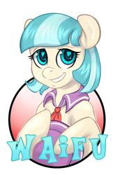 Size: 825x1275 | Tagged: safe, artist:halley-valentine, coco pommel, earth pony, pony, g4, accessory, badge, cocobetes, cute, female, hat, heart eyes, neckerchief, simple background, solo, waifu, waifu badge, white background, wingding eyes