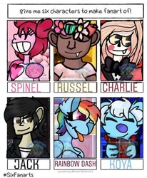 Size: 400x486 | Tagged: safe, artist:lunatheacefan22, rainbow dash, demon, gem (race), human, pegasus, pony, anthro, g4, :p, anthro with ponies, charlie morningstar, clothes, crossover, default spinel, eyes closed, female, floral head wreath, flower, gem, gorillaz, hazbin hotel, hellaverse, hellborn, male, mare, princess, princess of hell, six fanarts, spinel, spinel (steven universe), spoilers for another series, steven universe, steven universe: the movie, that's entertainment, tongue out