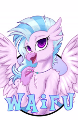 Size: 1237x1912 | Tagged: safe, artist:halley-valentine, silverstream, hippogriff, g4, badge, female, simple background, solo, teenager, waifu, waifu badge, white background