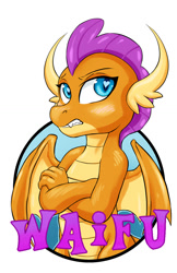 Size: 825x1275 | Tagged: safe, artist:halley-valentine, smolder, dragon, g4, badge, crossed arms, female, heart eyes, simple background, solo, teenaged dragon, teenager, waifu, waifu badge, white background, wingding eyes