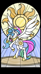 Size: 1200x2160 | Tagged: safe, artist:harwick, artist:lampknapp, princess celestia, alicorn, pony, g4, female, mare, rearing, solo, stained glass