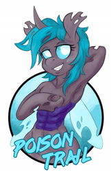 Size: 1237x1912 | Tagged: safe, artist:halley-valentine, oc, oc:poison trail, changeling, changeling queen, semi-anthro, arm hooves, armpits, badge, changeling queen oc, changelingified, female, grin, rule 63, simple background, smiling, solo, species swap, white background