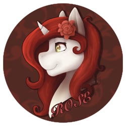 Size: 1500x1500 | Tagged: safe, artist:sursiq, oc, oc only, pony, unicorn, bust, circle background, eyes open, flower, green eyes, horn, lineless, name, portrait, profile, red hair, red mane, rose, solo, unicorn oc