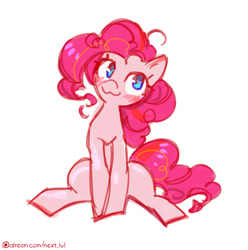 Size: 800x806 | Tagged: safe, artist:next-lvl, pinkie pie, earth pony, pony, g4, :3, blushing, female, mare, patreon, patreon logo, simple background, sitting, smiling, solo, watermark, white background