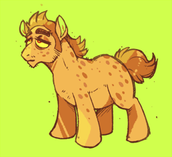 Size: 700x637 | Tagged: safe, artist:chocodile, oc, oc only, oc:greasetrap, earth pony, pony, blank flank, lidded eyes, male, simple background, solo, spots, stallion, tail, yellow background