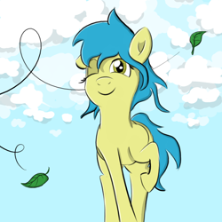 Size: 1600x1600 | Tagged: safe, artist:firestarter, oc, oc only, earth pony, pony, cloud, cloudy, female, leaves, one eye closed, raised hoof, smiling, solo, wind