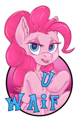 Size: 825x1275 | Tagged: safe, artist:hobbes-maxwell, pinkie pie, earth pony, pony, badge, fourth wall, heart eyes, open mouth, pinkie being pinkie, simple background, smiling, solo, waifu, waifu badge, white background, wingding eyes