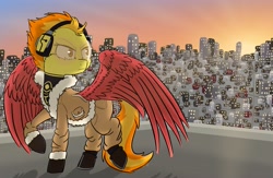 Size: 3840x2500 | Tagged: safe, artist:shinycyan, spitfire, pegasus, pony, g4, city, cityscape, clothes, crossover, glasses, hawks, headphones, high res, keigo takami, large wings, my hero academia, solo, sunset, wings