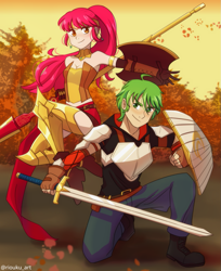Size: 899x1100 | Tagged: safe, artist:riouku, apple bloom, spike, human, g4, anime, armor, boots, clothes, commission, cosplay, costume, crossover, duo, female, humanized, jaune arc, male, pants, pyrrha nikos, rooster teeth, rwby, ship:spikebloom, shipping, shoes, straight, sword, weapon