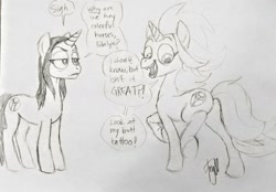 Size: 1280x889 | Tagged: safe, artist:evilsnotbag, pony, unicorn, butt, crossover, cutie mark, dyed mane, dyed tail, edalyn clawthorne, female, lilith clawthorne, monochrome, owlbert, palisman, pencil drawing, plot, ponified, raven staff, siblings, sisters, tail, the owl house, traditional art, witch, witch pony