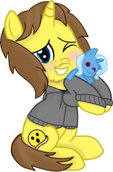 Size: 1145x1744 | Tagged: safe, artist:grapefruitface1, trixie, oc, oc only, oc:grapefruit face, pony, unicorn, 2021 community collab, derpibooru community collaboration, blushing, canon x oc, clothes, grapexie, hoodie, horn, hug, looking at you, male, nuzzling, one eye closed, plushie, shipping, show accurate, simple background, snuggling, solo, stallion, straight, transparent background, unicorn oc