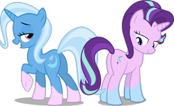 Size: 4002x2429 | Tagged: safe, artist:the smiling pony, artist:uigsyvigvusy, edit, edited edit, editor:slayerbvc, vector edit, starlight glimmer, trixie, pony, unicorn, g4, body part swap, butt, coat markings, female, glimmer glutes, lidded eyes, looking back, mare, plot, pony to pony, raised hoof, simple background, socks (coat markings), the great and powerful ass, transparent background, underhoof, vector