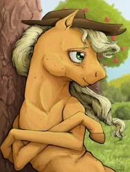 Size: 1024x1354 | Tagged: safe, artist:rachelmacready, applejack, earth pony, pony, g4, apple, apple tree, hat, mixed media, straw in mouth, sweet apple acres, tree