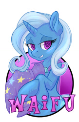 Size: 825x1275 | Tagged: safe, artist:hobbes-maxwell, trixie, pony, unicorn, badge, blushing, clothes, female, hat, heart eyes, simple background, solo, trixie's hat, waifu, waifu badge, white background, wingding eyes