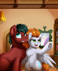 Size: 2850x3509 | Tagged: safe, artist:pridark, oc, oc only, earth pony, pegasus, pony, bipedal, blue eyes, chest fluff, cutie mark, duo, green eyes, high res, indoors, looking up, mirror, open mouth, pointing, sitting, smiling, underhoof, x x everywhere