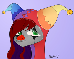 Size: 2212x1768 | Tagged: safe, artist:bestiary, oc, oc only, oc:evening prose, pegasus, pony, clown, clown makeup, female, freckles, jester, mare, solo