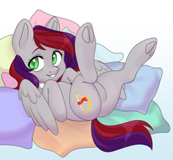 Size: 3000x2784 | Tagged: safe, oc, oc only, oc:evening prose, pegasus, pony, female, freckles, high res, jewelry, mare, necklace, pearl necklace, pillow, solo, spread legs, spreading