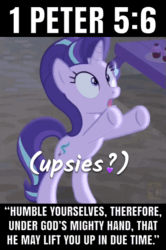 Size: 499x750 | Tagged: safe, edit, edited screencap, screencap, starlight glimmer, pony, g4, to where and back again, animated, bible, bible verse, bipedal, christianity, cropped, cute, daaaaaaaaaaaw, gif, glimmerbetes, loop, religion, solo, text, upsies
