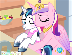Size: 2082x1581 | Tagged: safe, anonymous artist, derpibooru exclusive, princess cadance, shining armor, alicorn, pony, unicorn, g4, .svg available, apple, apron, base used, bipedal, blushing, bowl, cheek kiss, cleaning, clothes, crown, dishes, eyelashes, female, food, hoof polish, horn, horn ring, housewife, hug, jewelry, kissing, kitchen, male, mare, one eye closed, peytral, refrigerator, regalia, ring, ship:shiningcadance, shipping, smiling, stallion, straight, svg, unshorn fetlocks, vector, wedding ring, wink