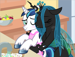 Size: 2082x1581 | Tagged: safe, alternate version, anonymous artist, derpibooru exclusive, queen chrysalis, shining armor, changeling, changeling queen, pony, unicorn, g4, .svg available, apple, apron, base used, bipedal, blushing, bowl, cheek kiss, cleaning, clothes, crown, dishes, eyelashes, female, food, hoof polish, housewife, hug, i can't believe it's not badumsquish, infidelity, jewelry, kissing, kitchen, male, one eye closed, peytral, refrigerator, regalia, ring, ship:shining chrysalis, shipping, smiling, stallion, straight, svg, unshorn fetlocks, vector, wedding ring, wink