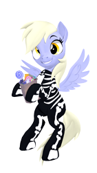 Size: 1080x1920 | Tagged: safe, artist:owlpirate, derpy hooves, pegasus, pony, g4, 3d, candy, clothes, costume, female, food, halloween, halloween costume, holiday, mare, simple background, skeleton costume, solo, source filmmaker, transparent background