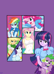 Size: 1700x2338 | Tagged: safe, artist:lennondash, applejack, fluttershy, pinkie pie, rainbow dash, rarity, spike, twilight sparkle, dog, human, equestria girls, g4, bracelet, breasts, button-up shirt, clothes, cowboy hat, female, hat, humane five, humane six, jewelry, male, puffy sleeves, shirt, skirt, spike the dog, t-shirt, tank top, teenager, wristband