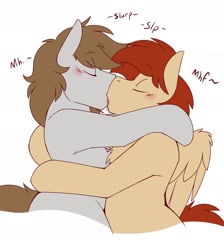 Size: 2094x2336 | Tagged: safe, artist:denzel, oc, oc only, oc:denzel, oc:flair, earth pony, pegasus, pony, blushing, chest fluff, drool, eyebrows, eyebrows visible through hair, eyes closed, folded wings, french kiss, gay, high res, hug, kissing, male, male oc, moaning, pony oc, pony on pony action, quadrupedal, simple background, stallion, stallion oc, stallion on stallion, white background, wings