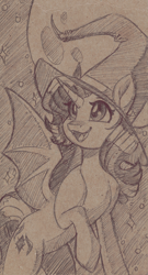 Size: 4016x7455 | Tagged: safe, artist:faline-art, starlight glimmer, alicorn, bat pony, bat pony alicorn, pony, g4, bat ponified, bat wings, fangs, glimbat, hat, horn, open mouth, race swap, sketch, solo, traditional art, wings, witch hat