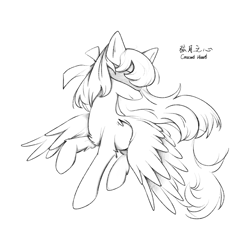Size: 3000x3000 | Tagged: safe, artist:lucent starscape, oc, oc only, oc:crescent heart, oc:弦月之心, pegasus, pony, blindfold, bow, flying, hair bow, high res, pegasus oc, solo, wings