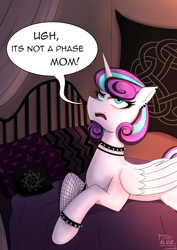 Size: 2126x3000 | Tagged: safe, alternate version, artist:alicetriestodraw, princess flurry heart, alicorn, pony, g4, bed, choker, ear piercing, earring, eyeliner, fishnet stockings, funny, goth, high res, it's a phase, it's not a phase, jewelry, lying down, makeup, on bed, piercing, princess emo heart, prone, solo, spiked choker, spiked wristband, teenage flurry heart, teenager, wristband