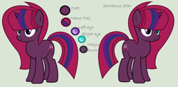 Size: 3486x1721 | Tagged: safe, artist:lominicinfinity, oc, oc only, oc:smoking star, pony, unicorn, female, magical lesbian spawn, mare, offspring, parent:tempest shadow, parent:twilight sparkle, parents:tempestlight, reference sheet, simple background, solo