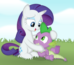 Size: 3534x3112 | Tagged: safe, artist:porygon2z, rarity, spike, dragon, pony, unicorn, g4, cute, female, grass, high res, male, raribetes, ship:sparity, shipping, spikabetes, straight, sweet dreams fuel