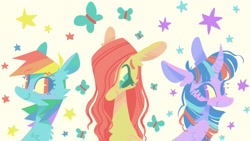 Size: 2048x1152 | Tagged: safe, artist:astroeden, fluttershy, rainbow dash, twilight sparkle, butterfly, pegasus, pony, unicorn, g4, female, looking at each other, looking at someone, smiling, stars, trio, unicorn twilight