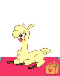 Size: 800x1000 | Tagged: safe, artist:buttonmash, paprika (tfh), alpaca, them's fightin' herds, apple, basket, cloven hooves, community related, cute, female, food, looking at you, picnic basket, simple background, solo, white background