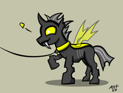 Size: 729x551 | Tagged: safe, artist:atomfliege, oc, oc only, oc:warplix, changeling, changeling oc, collar, floating heart, heart, leash, male, pet play, simple background, solo, yellow changeling