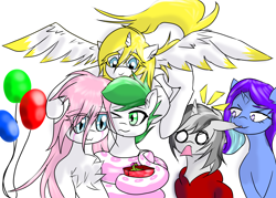Size: 5102x3644 | Tagged: source needed, safe, artist:linasnake, oc, oc only, oc:dreamer skies, oc:sparkle fase, oc:sweetie shy, alicorn, lamia, original species, pegasus, pony, snake, snake pony, unicorn, absurd resolution, alicorn oc, anime eyes, anime style, balloon, birthday, biting, celebration, chest fluff, clothes, coils, ear bite, female, flying, gift art, group, halfbody, happy, horn, hug, huggies, male, mare, multicolored hair, one eye closed, open mouth, pegasus oc, pony oc, present, simple background, smiling, stallion, surprised, unicorn oc, unknown pony, white background, wings