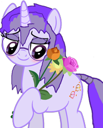 Size: 1134x1409 | Tagged: safe, artist:asifnag, artist:mellow91, oc, oc only, oc:glass sight, pony, unicorn, blushing, bouquet, cute, flower, glasses, hoof hold, ocbetes, simple background, solo, transparent background