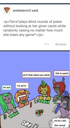 Size: 640x1180 | Tagged: safe, artist:ask-luciavampire, oc, earth pony, pony, unicorn, ask ponys gamer club, ask, poker, tumblr