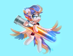 Size: 4064x3128 | Tagged: safe, artist:sugarstar, oc, oc only, oc:alan techard, pegasus, pony, rcf community, :p, blue background, clothes, ear piercing, eyebrows, eyebrows visible through hair, flying, glasses, heterochromia, high res, looking at you, male, pegasus oc, piercing, scarf, simple background, smiling, smiling at you, solo, spread wings, stallion, tongue out, wings