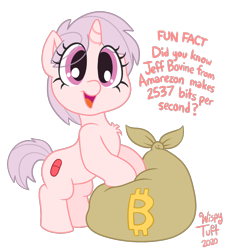 Size: 1000x1100 | Tagged: safe, artist:wispy tuft, oc, oc only, oc:red pill, pony, unicorn, amazon.com, bits, cute, dialogue, female, filly, jeff bezos, png, red pill, simple background, smiling, solo, standing, text, transparent background