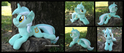 Size: 4050x1754 | Tagged: safe, artist:peruserofpieces, lyra heartstrings, pony, unicorn, g4, beanie (plushie), female, horn, irl, looking at you, lying down, mare, photo, plushie, prone, smiling, smiling at you, solo, tree