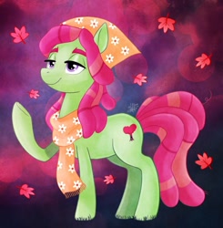 Size: 1280x1308 | Tagged: safe, artist:thepipefox, tree hugger, earth pony, pony, g4, autumn leaves, female, leaf, leaves, mare, raised hoof, solo