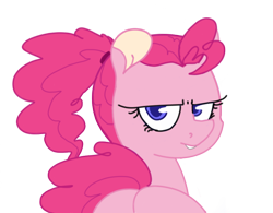 Size: 850x662 | Tagged: safe, artist:losemeh, pinkie pie, earth pony, pony, g4, alternate hairstyle, balloonbutt, blue eyes, butt, colored pupils, disapproval, female, frown, look of disapproval, looking at you, looking back, looking over shoulder, mare, my eyes are up here, pinkie pie is not amused, plot, ponytail, protruding teeth, scowl, scrunchie, simple background, solo, transparent background, unamused