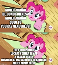 Size: 500x557 | Tagged: safe, edit, edited screencap, screencap, pinkie pie, filli vanilli, g4, capitan memo, comic, screencap comic, song reference, spanish, spider-woman, translated in the description