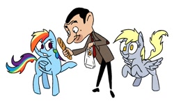 Size: 1312x812 | Tagged: safe, artist:anonymous, derpy hooves, rainbow dash, human, pegasus, pony, g4, bag, bread, crossover, food, mr bean, simple background, smiling, white background