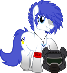 Size: 8393x9067 | Tagged: safe, artist:isaac_pony, artist:ragedox, oc, oc only, oc:blue snow, oc:isaac pony, earth pony, pony, cutie mark, doom, doom equestria, helmet, jewelry, logo, looking at you, male, moon, necklace, show accurate, simple background, smiling, smiling at you, solo, transparent background, vector