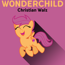 Size: 8000x8000 | Tagged: safe, artist:poniesmemes, derpibooru exclusive, scootaloo, pegasus, pony, g4, album cover, christian walz, cutie mark, cutie mark crusaders, gradient, orange text, pink background, ponified, ponified album cover, simple background, solo, text, the cmc's cutie marks